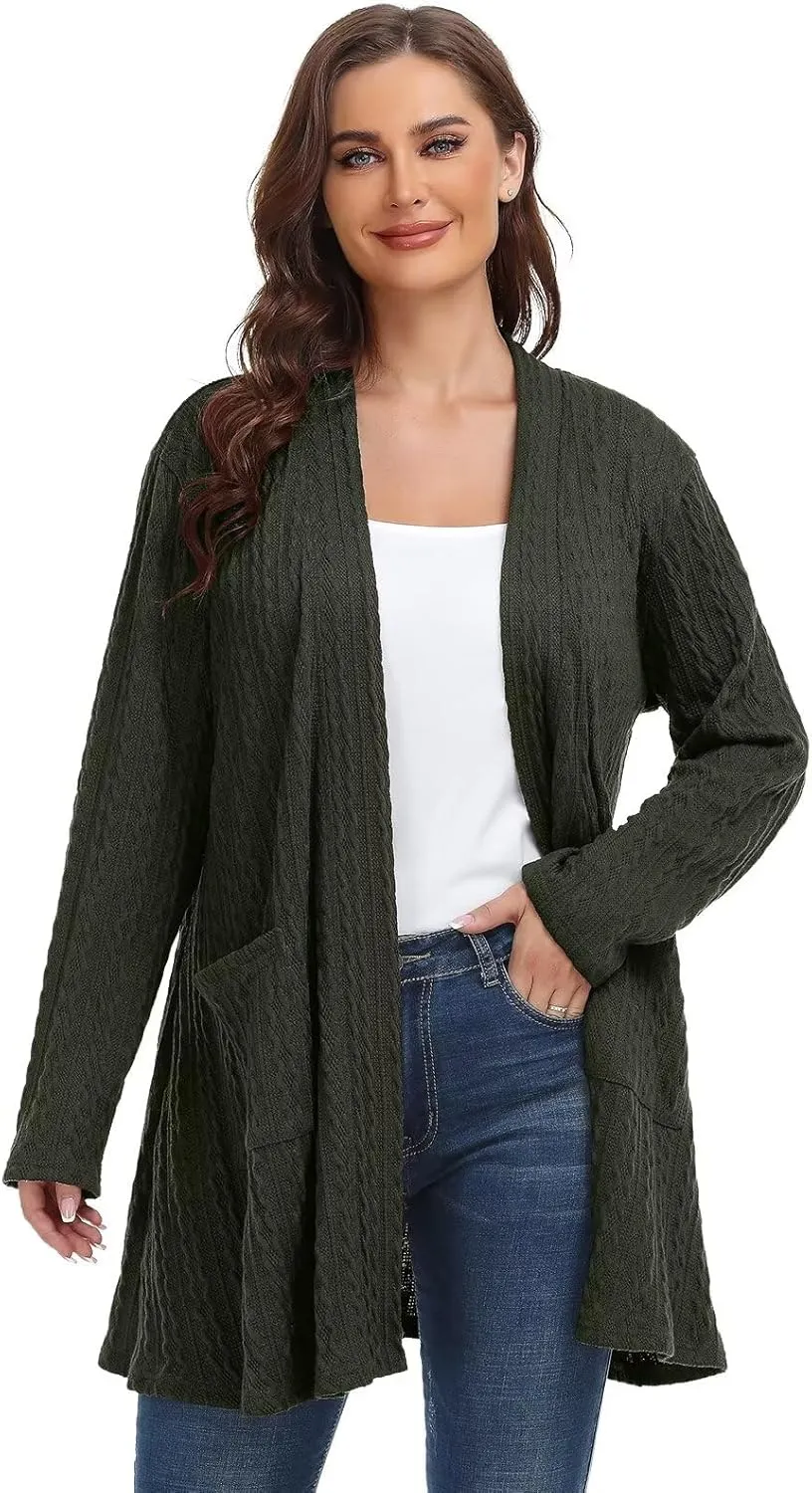 BELAROI Womens Open Front Cardigan Cable Knit Sweaters Plus Size Long Sleeve Tops Loose Fall Outwear Coat with Pockets