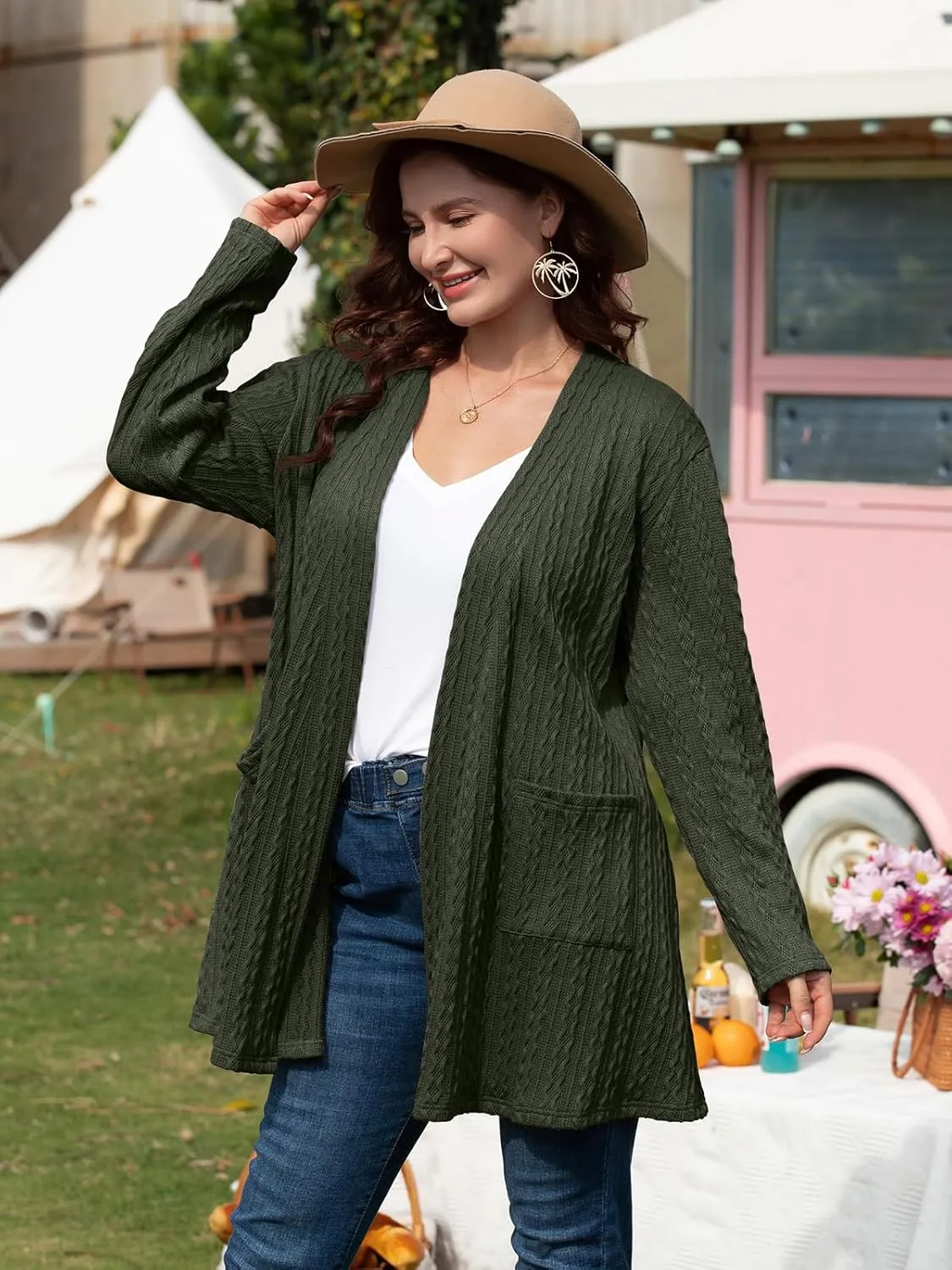 BELAROI Womens Open Front Cardigan Cable Knit Sweaters Plus Size Long Sleeve Tops Loose Fall Outwear Coat with Pockets