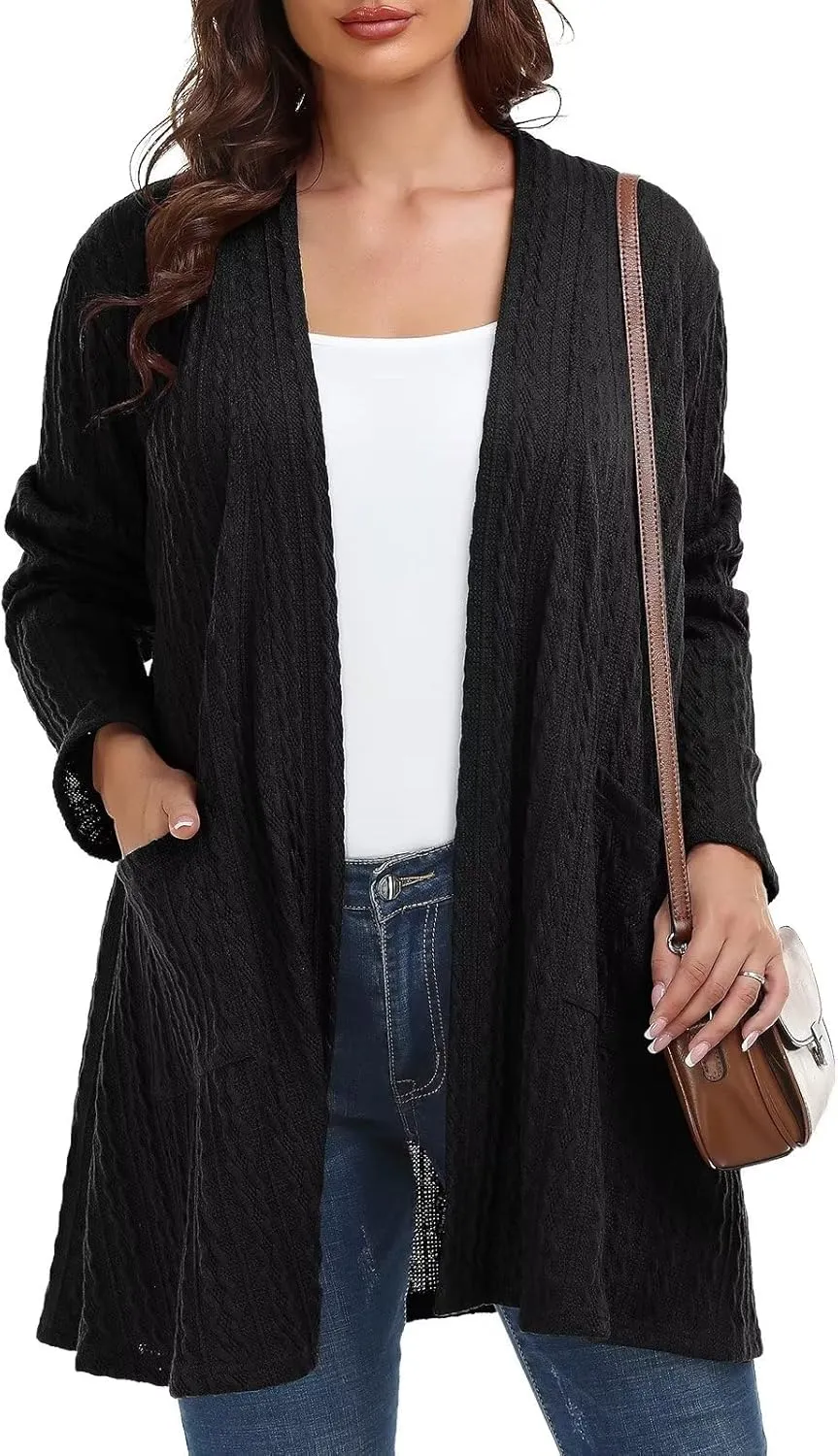 BELAROI Womens Open Front Cardigan Cable Knit Sweaters Plus Size Long Sleeve Tops Loose Fall Outwear Coat with Pockets