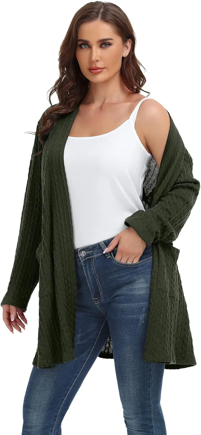 BELAROI Womens Open Front Cardigan Cable Knit Sweaters Plus Size Long Sleeve Tops Loose Fall Outwear Coat with Pockets