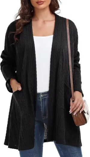 BELAROI Womens Open Front Cardigan Cable Knit Sweaters Plus Size Long Sleeve Tops Loose Fall Outwear Coat with Pockets