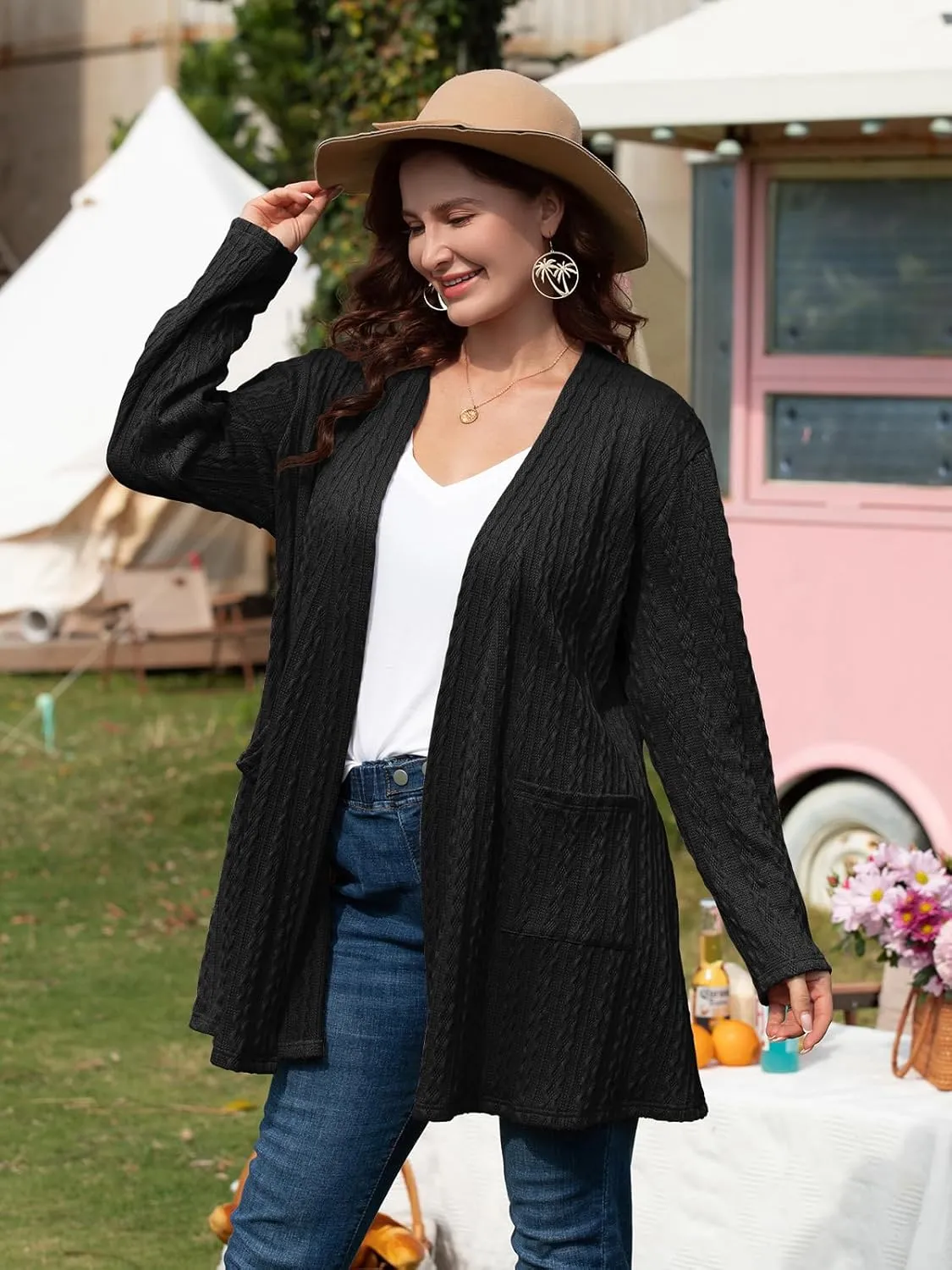 BELAROI Womens Open Front Cardigan Cable Knit Sweaters Plus Size Long Sleeve Tops Loose Fall Outwear Coat with Pockets