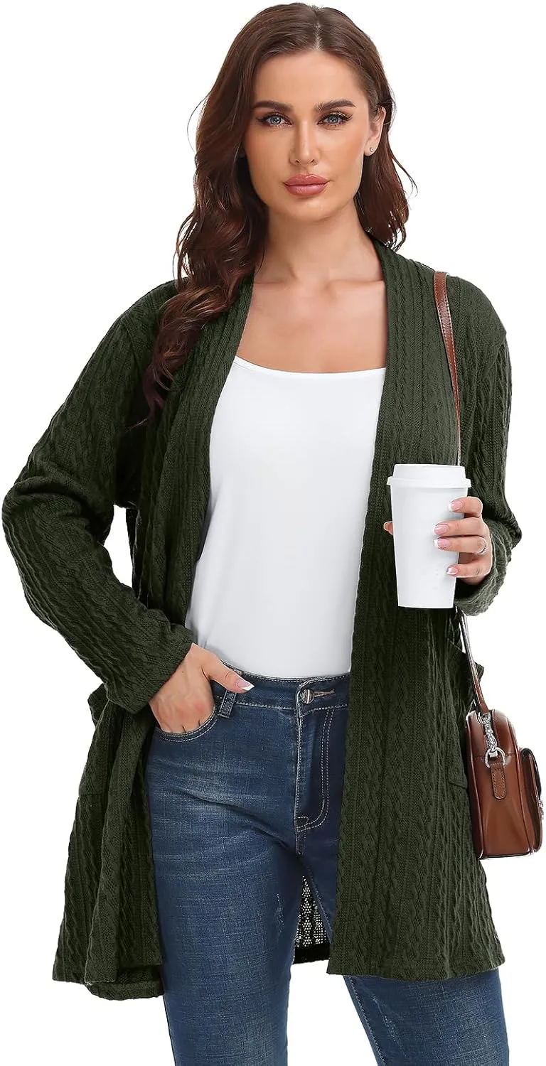 BELAROI Womens Open Front Cardigan Cable Knit Sweaters Plus Size Long Sleeve Tops Loose Fall Outwear Coat with Pockets