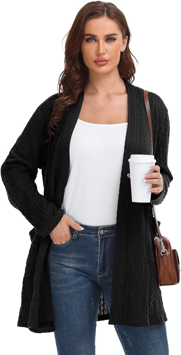 BELAROI Womens Open Front Cardigan Cable Knit Sweaters Plus Size Long Sleeve Tops Loose Fall Outwear Coat with Pockets