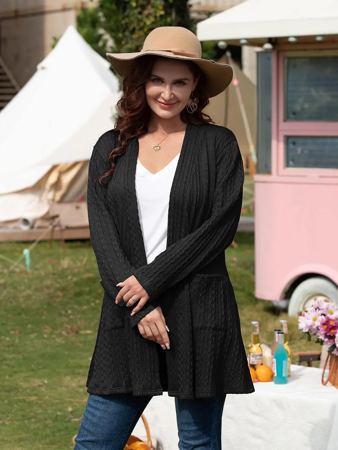 BELAROI Womens Open Front Cardigan Cable Knit Sweaters Plus Size Long Sleeve Tops Loose Fall Outwear Coat with Pockets