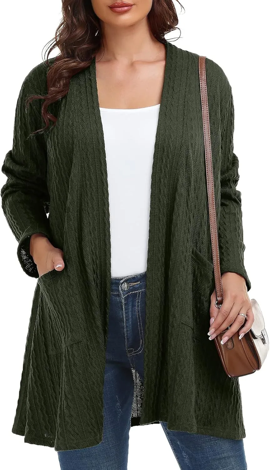 BELAROI Womens Open Front Cardigan Cable Knit Sweaters Plus Size Long Sleeve Tops Loose Fall Outwear Coat with Pockets