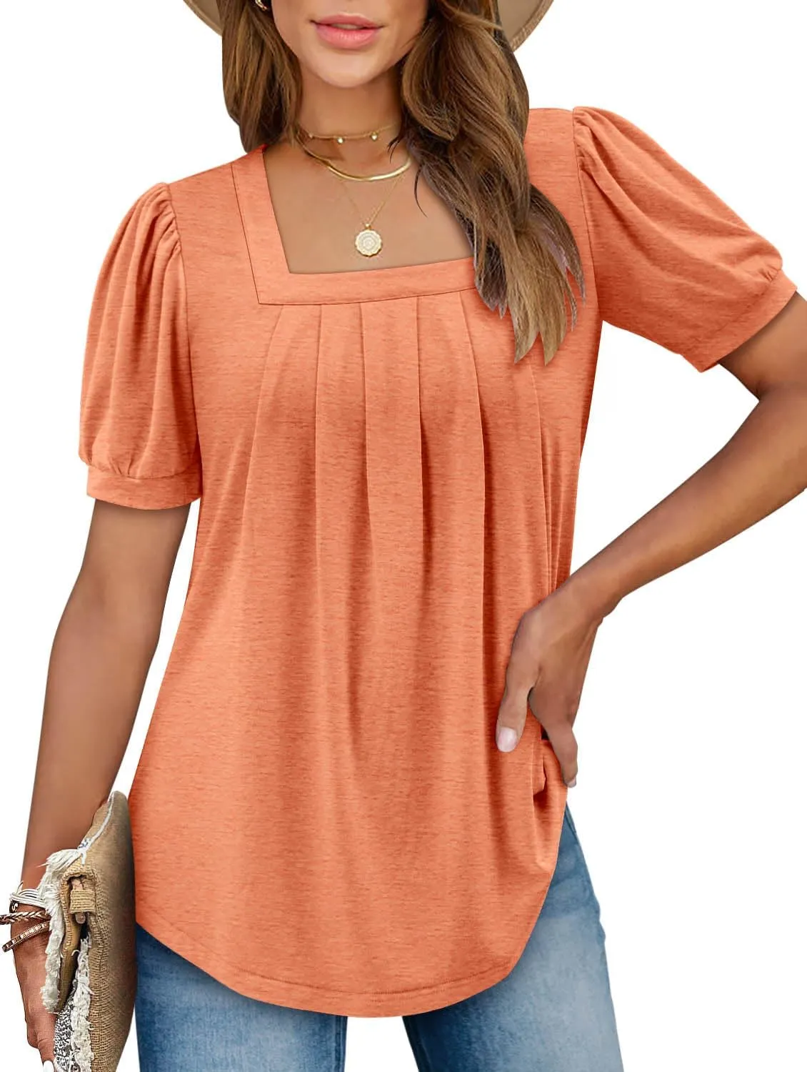 BETTE BOUTIK Womens Summer Tops Short Sleeve Pleated Square Neck Tunics Shirts Blouses S-3XL