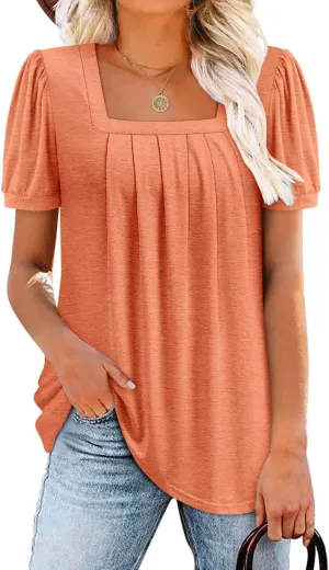 BETTE BOUTIK Womens Summer Tops Short Sleeve Pleated Square Neck Tunics Shirts Blouses S-3XL