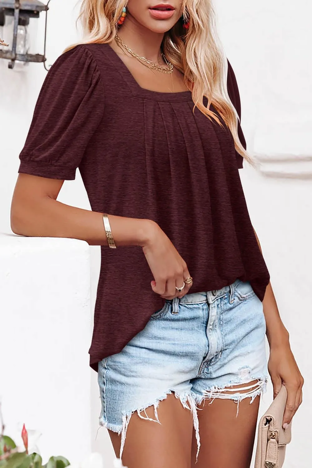 BETTE BOUTIK Womens Summer Tops Short Sleeve Pleated Square Neck Tunics Shirts Blouses S-3XL