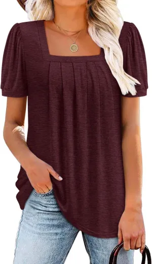 BETTE BOUTIK Womens Summer Tops Short Sleeve Pleated Square Neck Tunics Shirts Blouses S-3XL