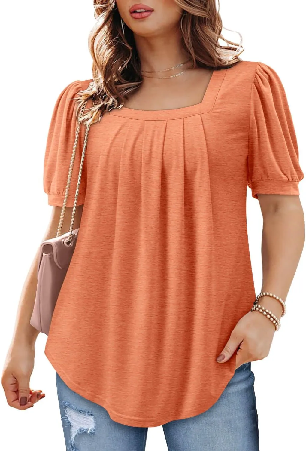 BETTE BOUTIK Womens Summer Tops Short Sleeve Pleated Square Neck Tunics Shirts Blouses S-3XL