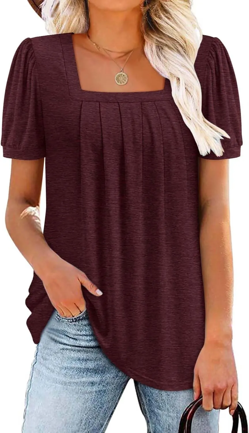 BETTE BOUTIK Womens Summer Tops Short Sleeve Pleated Square Neck Tunics Shirts Blouses S-3XL