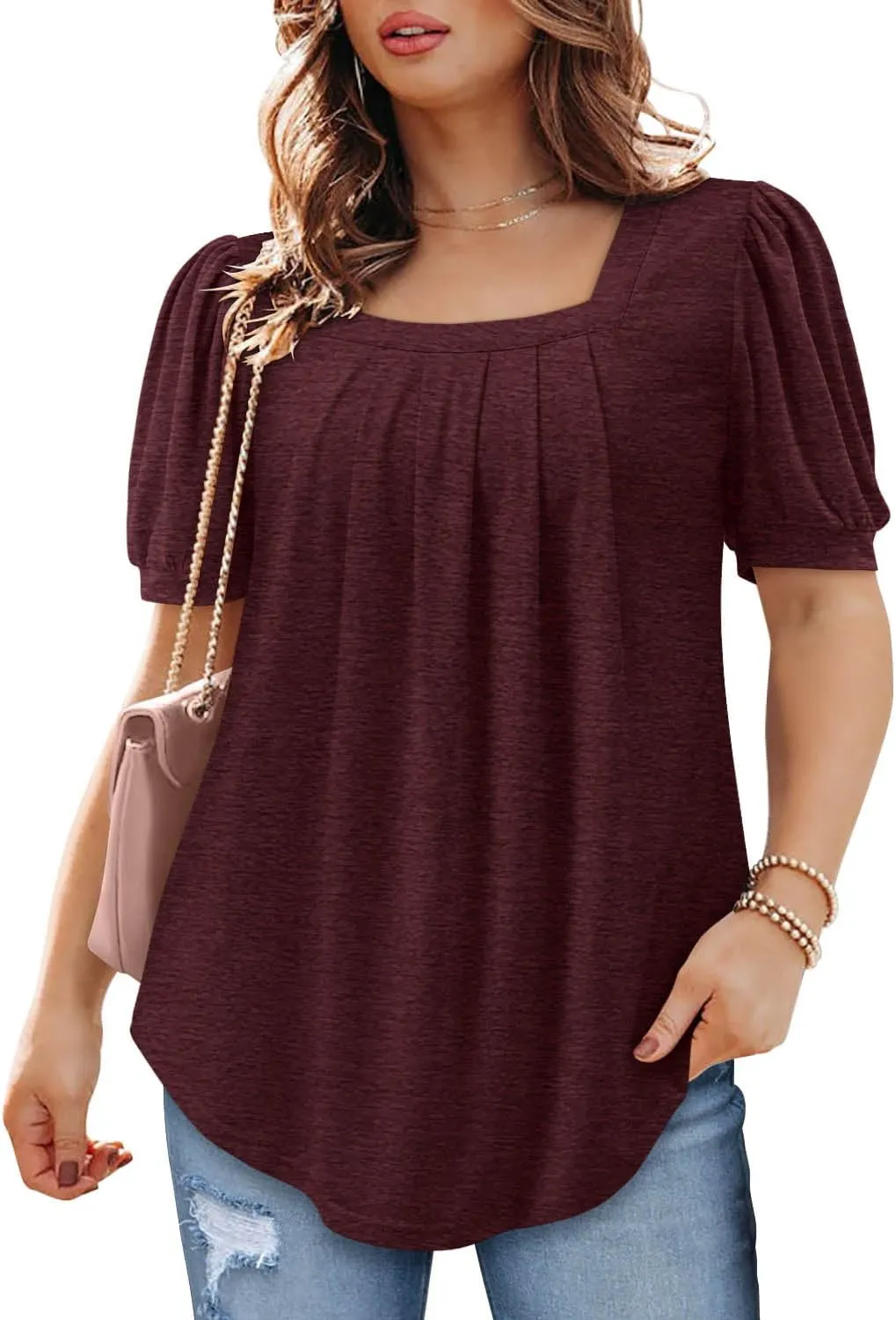 BETTE BOUTIK Womens Summer Tops Short Sleeve Pleated Square Neck Tunics Shirts Blouses S-3XL