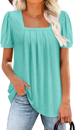 BETTE BOUTIK Womens Summer Tops Short Sleeve Pleated Square Neck Tunics Shirts Blouses S-3XL