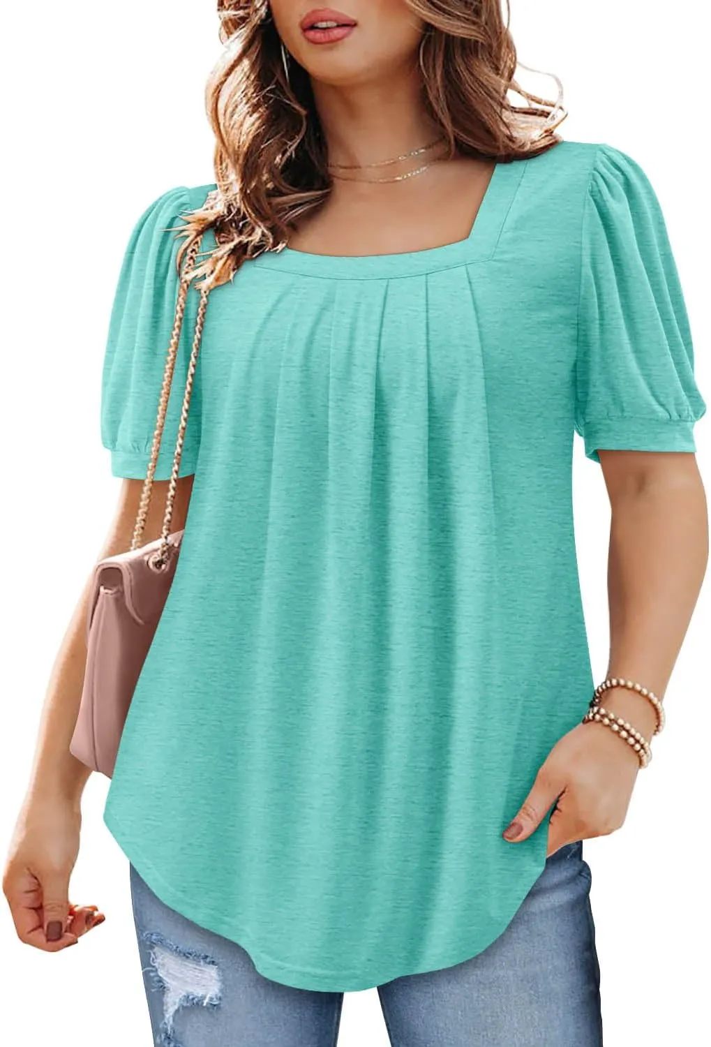 BETTE BOUTIK Womens Summer Tops Short Sleeve Pleated Square Neck Tunics Shirts Blouses S-3XL