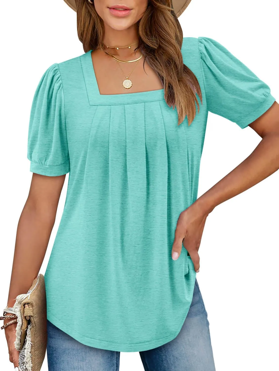 BETTE BOUTIK Womens Summer Tops Short Sleeve Pleated Square Neck Tunics Shirts Blouses S-3XL