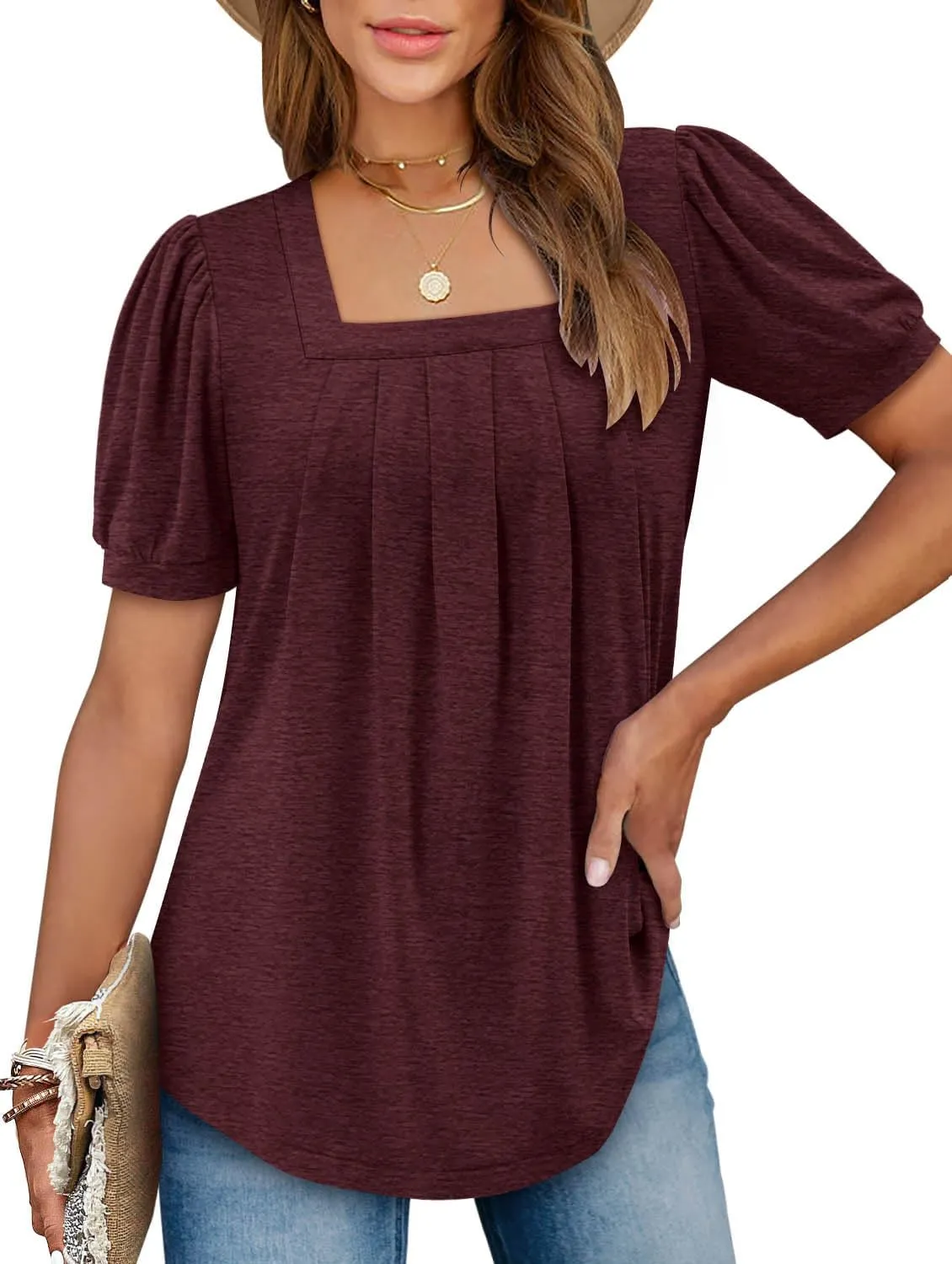 BETTE BOUTIK Womens Summer Tops Short Sleeve Pleated Square Neck Tunics Shirts Blouses S-3XL