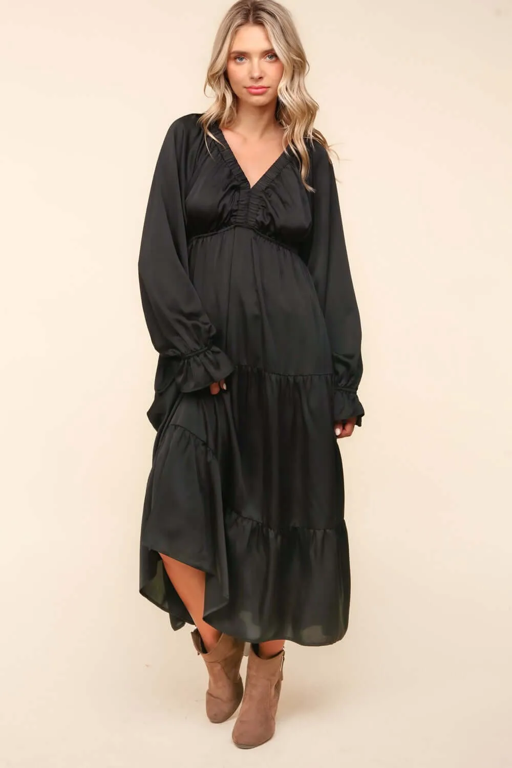 Black Flounce Long Sleeve Tiered Midi Dress with Pockets