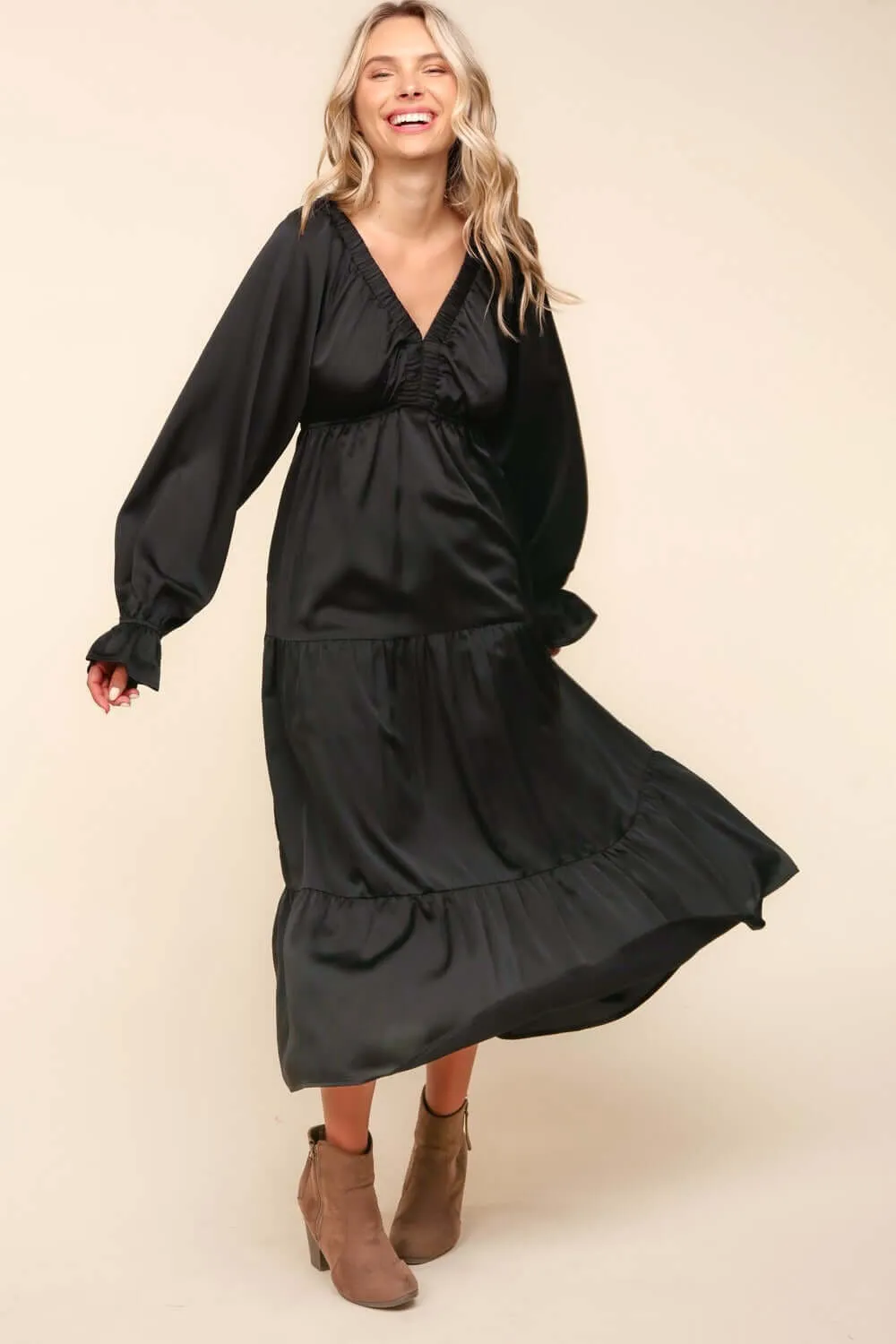 Black Flounce Long Sleeve Tiered Midi Dress with Pockets