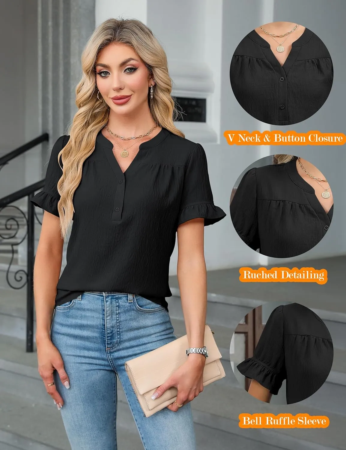 Blooming Jelly Women's Dressy Casual Tops Business Work Blouses Bell Short Sleeve Button Down Shirts 2025 Summer Outfits