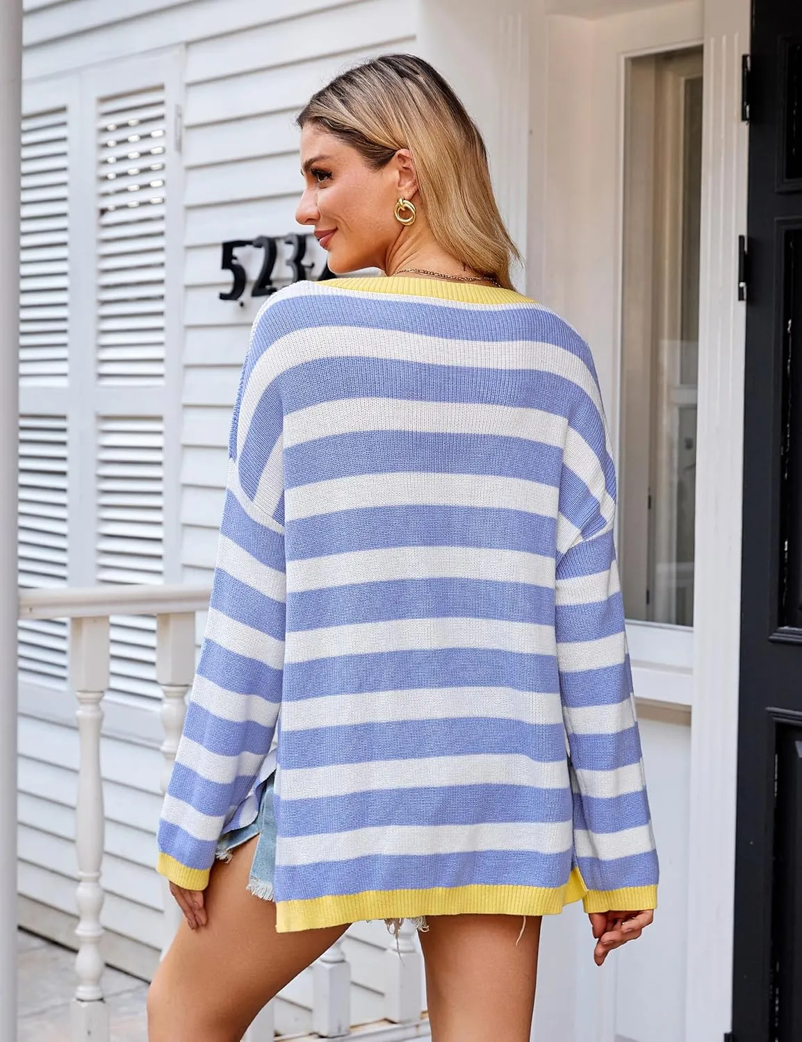 Blooming Jelly Womens Striped Sweater Oversized V Neck Side Slit Cute Long Sleeve Tops Pullover Fall 2024 Trendy Casual Tunic