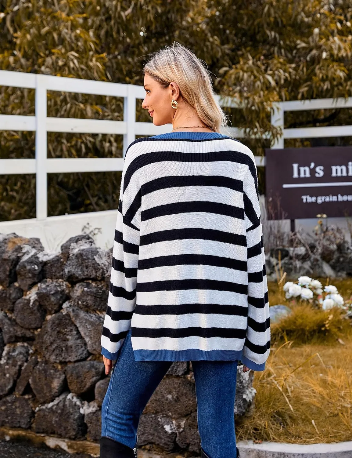 Blooming Jelly Womens Striped Sweater Oversized V Neck Side Slit Cute Long Sleeve Tops Pullover Fall 2024 Trendy Casual Tunic