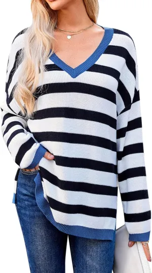 Blooming Jelly Womens Striped Sweater Oversized V Neck Side Slit Cute Long Sleeve Tops Pullover Fall 2024 Trendy Casual Tunic