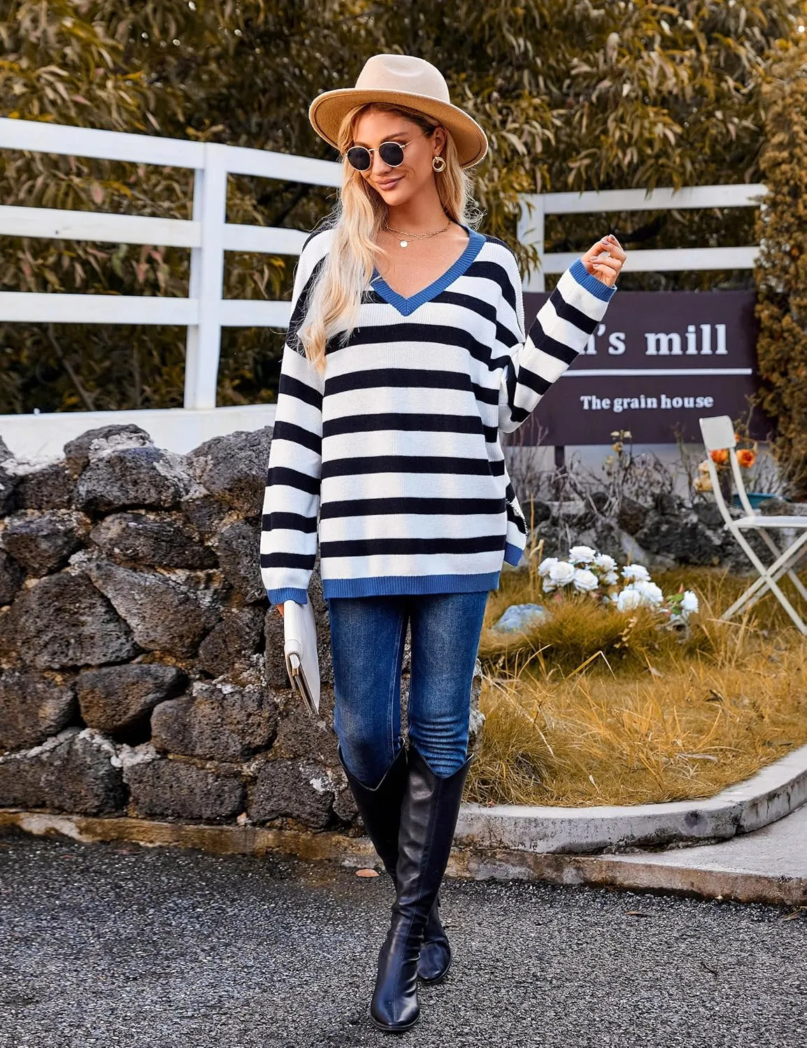 Blooming Jelly Womens Striped Sweater Oversized V Neck Side Slit Cute Long Sleeve Tops Pullover Fall 2024 Trendy Casual Tunic