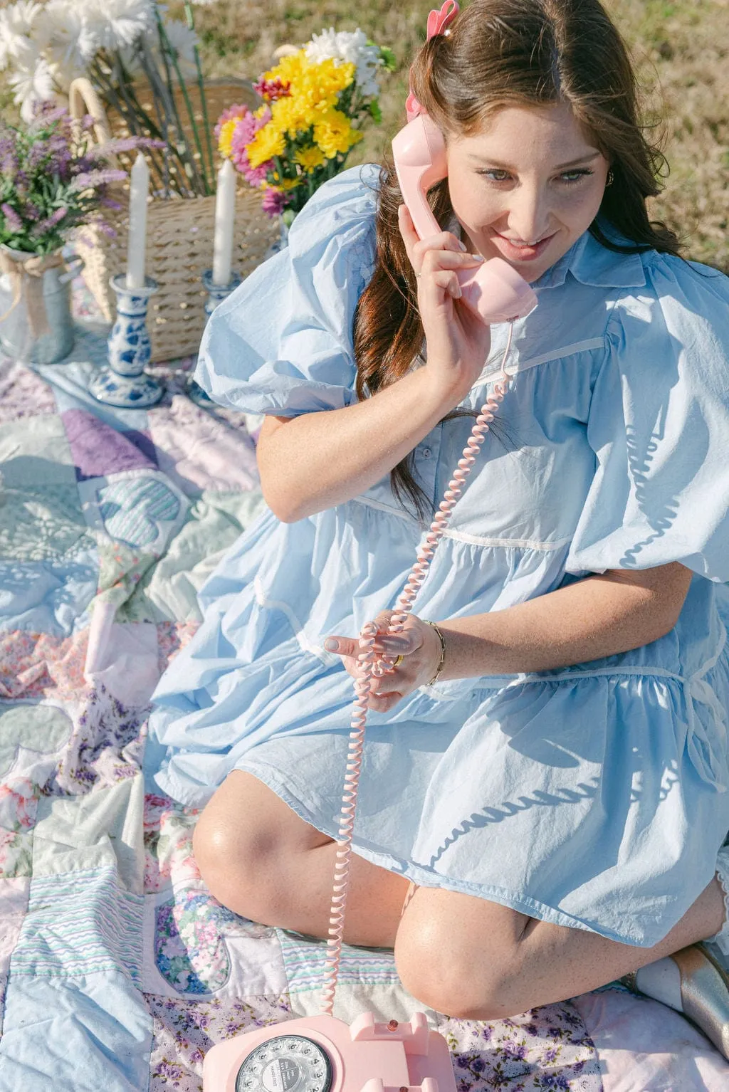 Blue Bow Detail Tiered Poplin Dress