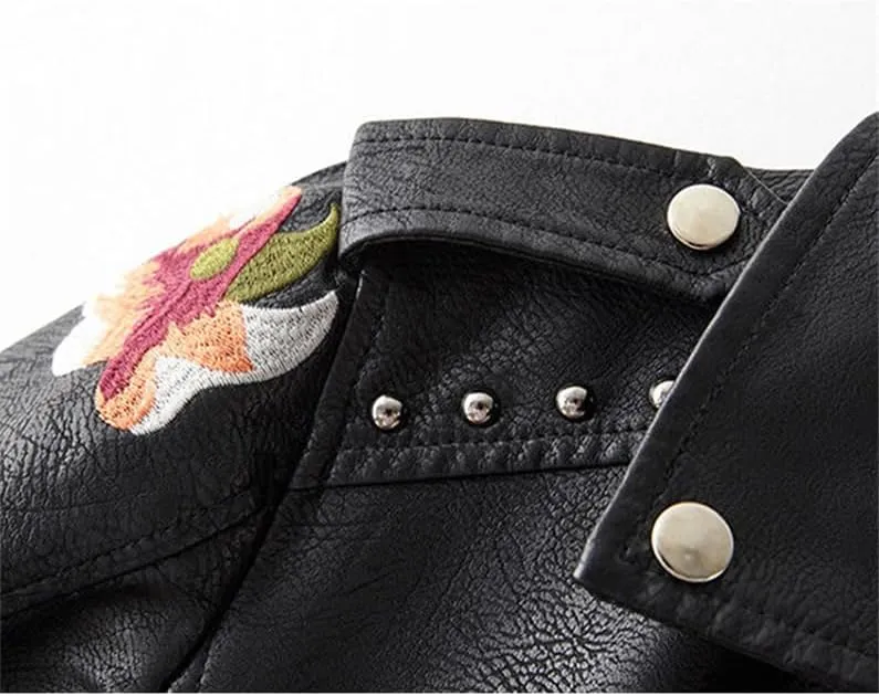 Bollrllr Women's Vintage Leather Jackets Street Cycling Jacket Embroidered Floral Print Studded PU Jacket