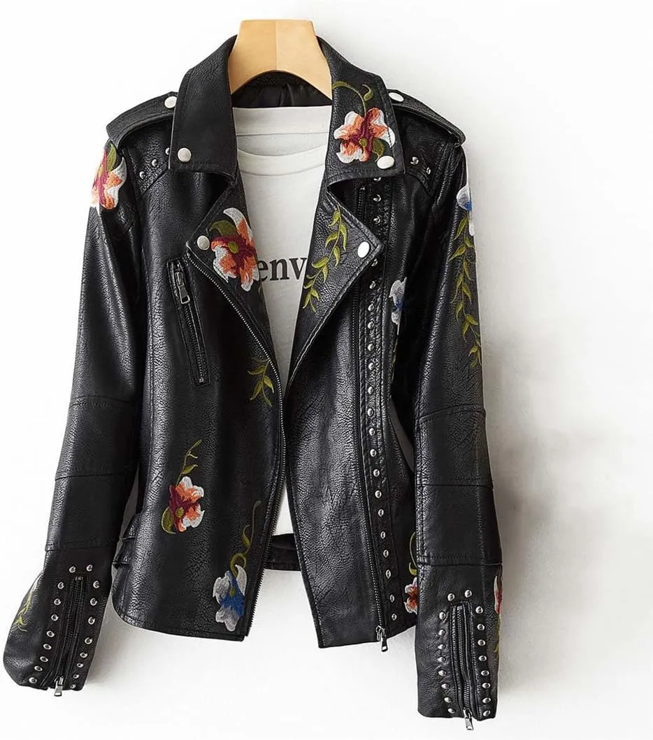 Bollrllr Women's Vintage Leather Jackets Street Cycling Jacket Embroidered Floral Print Studded PU Jacket