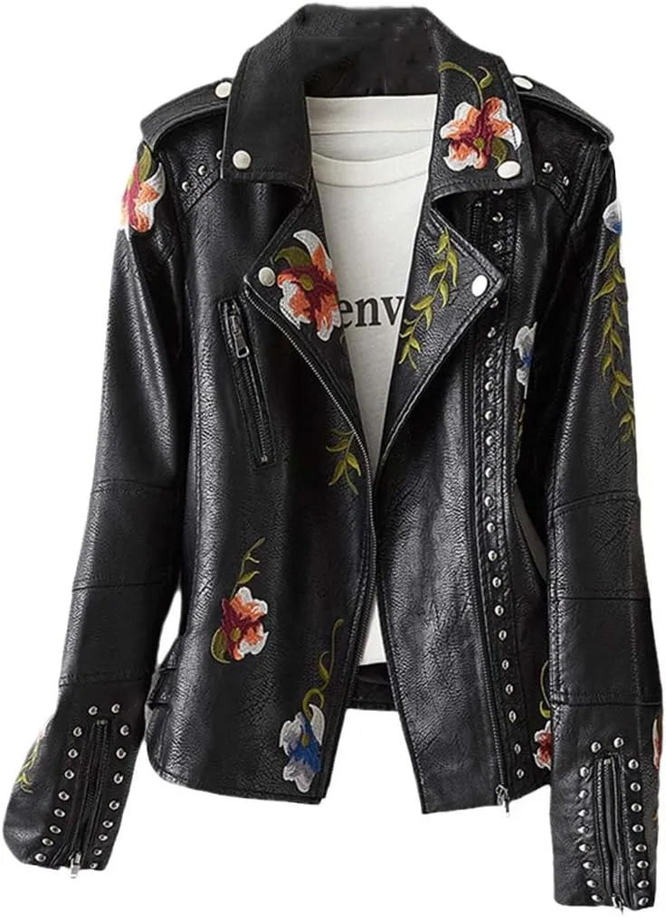 Bollrllr Women's Vintage Leather Jackets Street Cycling Jacket Embroidered Floral Print Studded PU Jacket