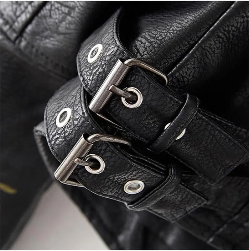 Bollrllr Women's Vintage Leather Jackets Street Cycling Jacket Embroidered Floral Print Studded PU Jacket