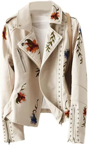 Bollrllr Women's Vintage Leather Jackets Street Cycling Jacket Embroidered Floral Print Studded PU Jacket
