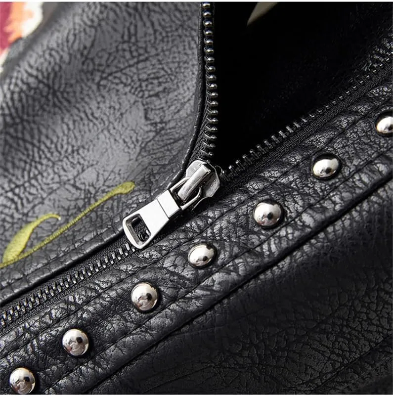 Bollrllr Women's Vintage Leather Jackets Street Cycling Jacket Embroidered Floral Print Studded PU Jacket