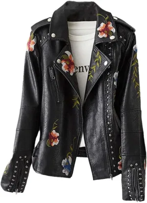 Bollrllr Women's Vintage Leather Jackets Street Cycling Jacket Embroidered Floral Print Studded PU Jacket