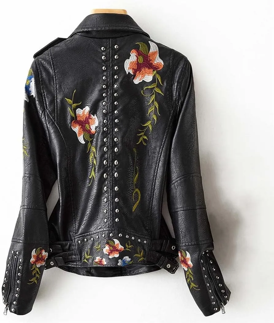 Bollrllr Women's Vintage Leather Jackets Street Cycling Jacket Embroidered Floral Print Studded PU Jacket
