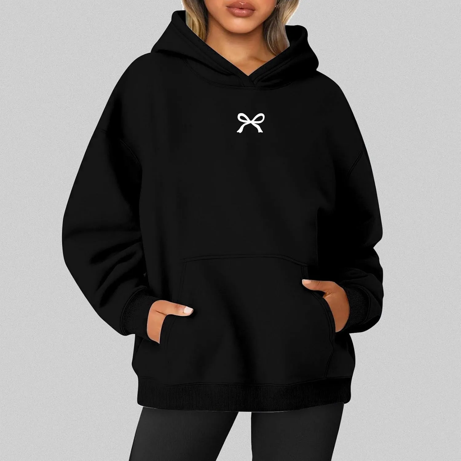 Bow Oversized Sweatshirt for Women Winter Fall Basic Hoodies Fashion Trendy Long Sleeve Sweaters Outfits