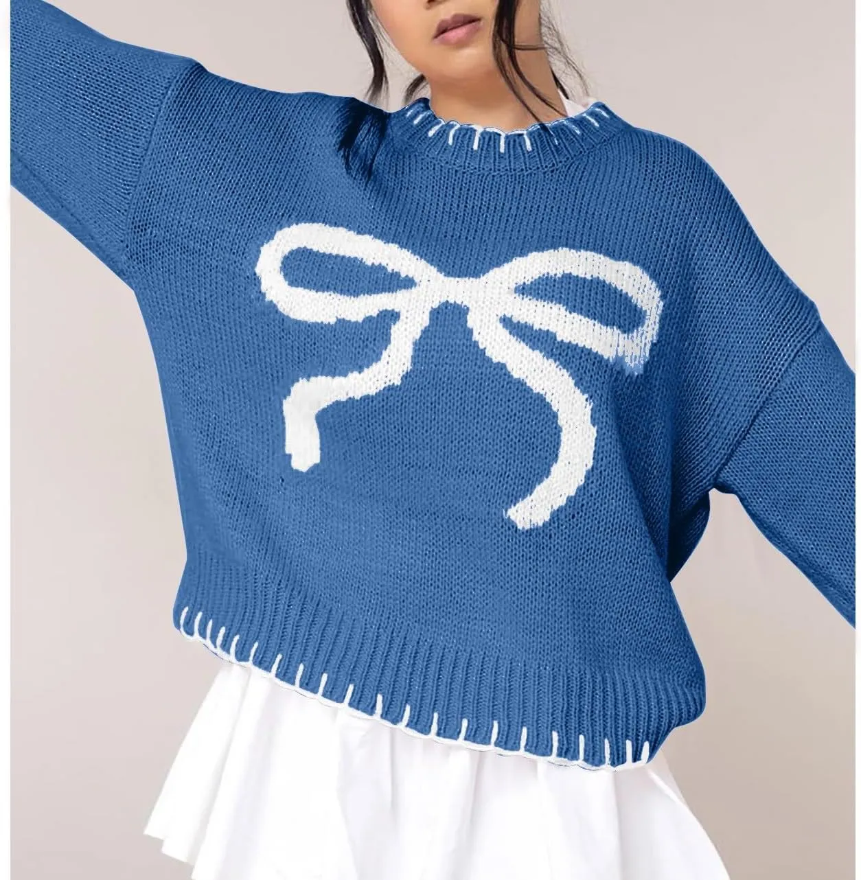 Bow Sweater Women 2025 Holiday Tops Spring Trendy Long Sleeve Valentines Day Outfit Sweater With Bows
