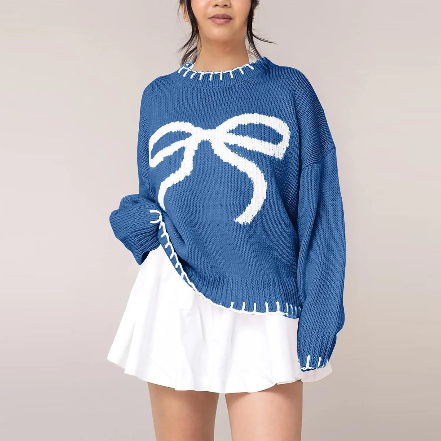 Bow Sweater Women 2025 Holiday Tops Spring Trendy Long Sleeve Valentines Day Outfit Sweater With Bows