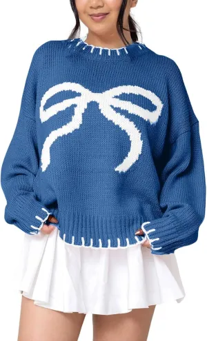 Bow Sweater Women 2025 Holiday Tops Spring Trendy Long Sleeve Valentines Day Outfit Sweater With Bows