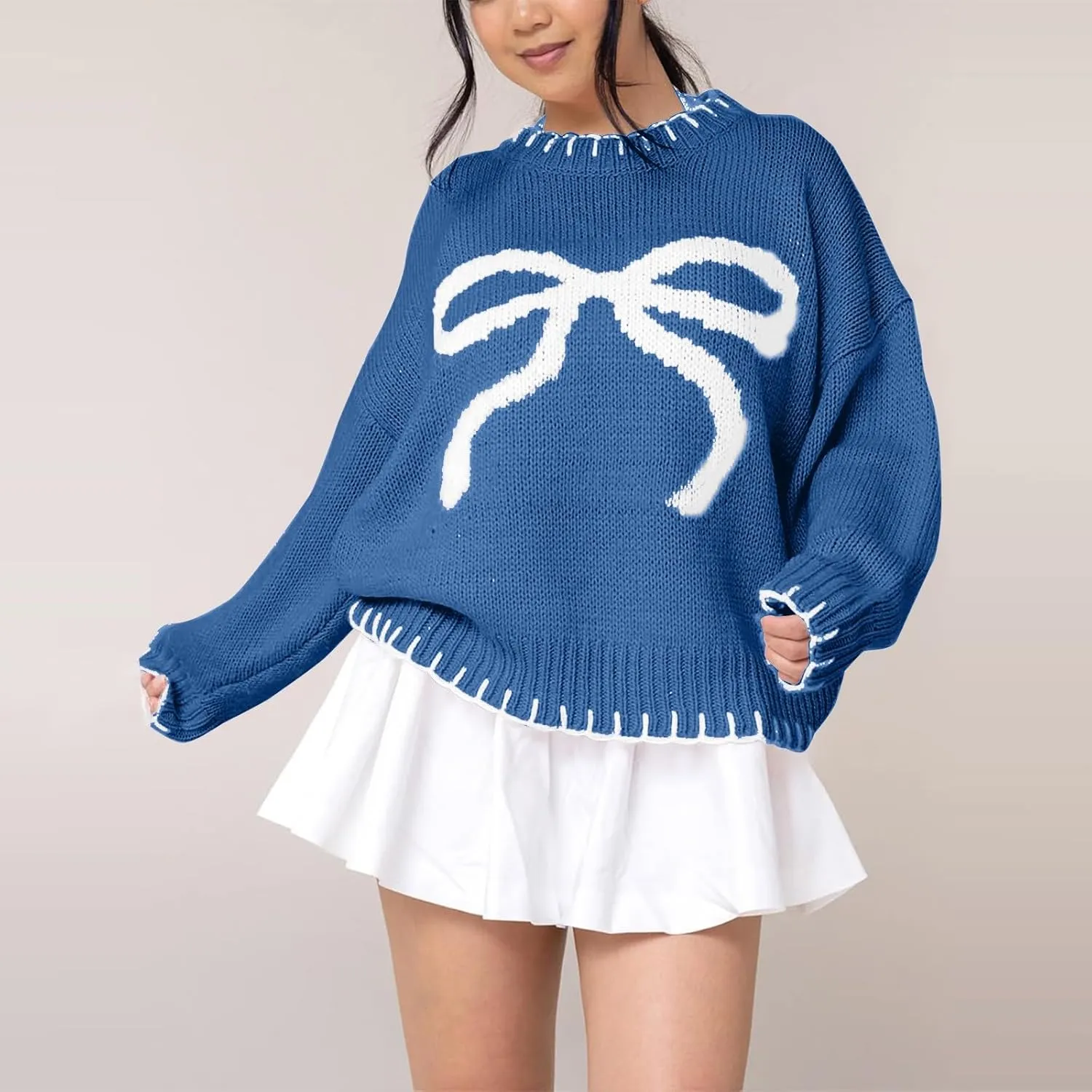 Bow Sweater Women 2025 Holiday Tops Spring Trendy Long Sleeve Valentines Day Outfit Sweater With Bows