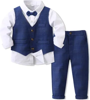 Boys 3Pcs Clothing Sets Long Sleeve Bowtie Shirts  Vest  Pants Casual Suit