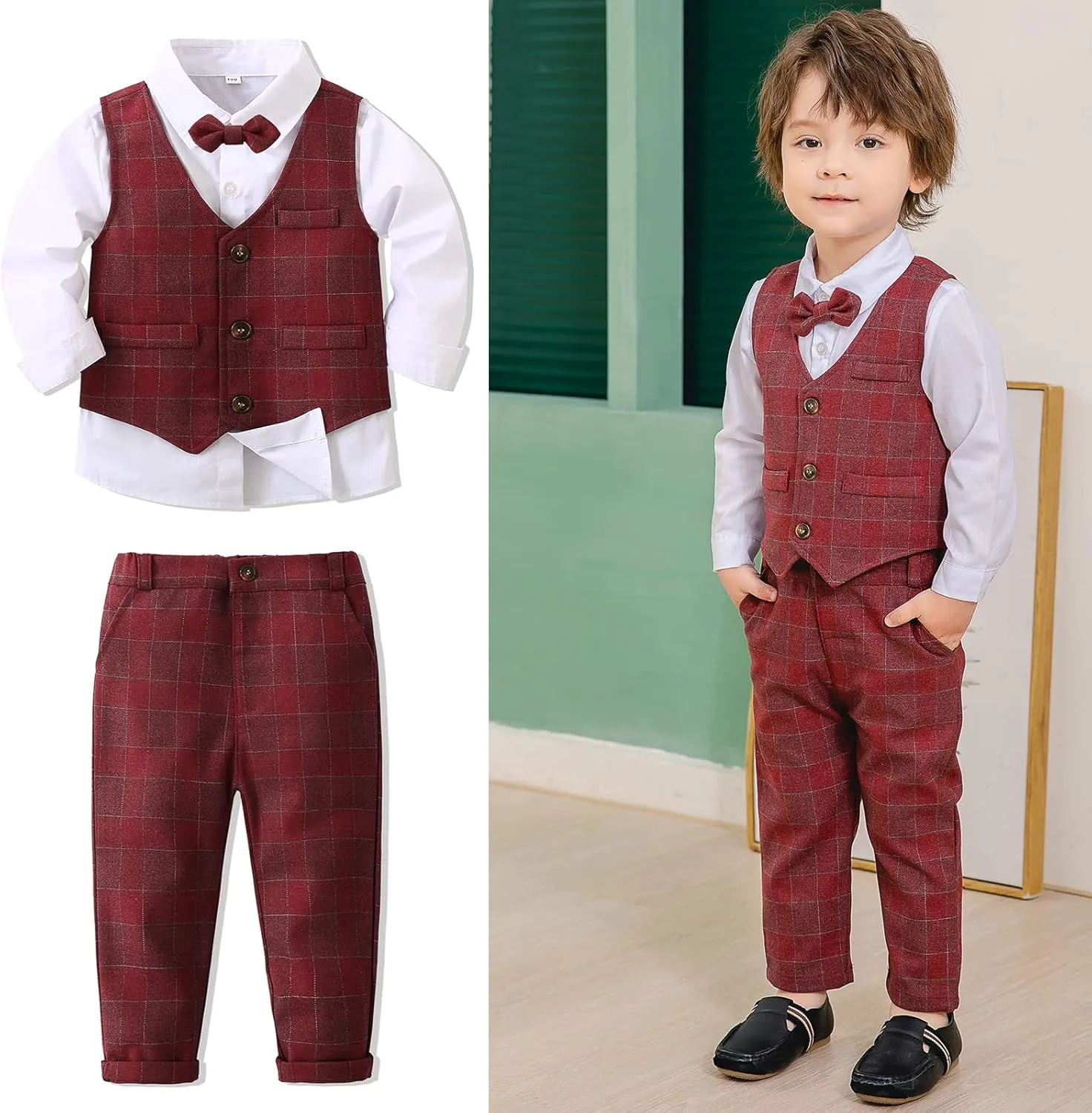 Boys 3Pcs Clothing Sets Long Sleeve Bowtie Shirts  Vest  Pants Casual Suit