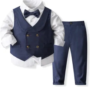 Boys 3Pcs Clothing Sets Long Sleeve Bowtie Shirts  Vest  Pants Casual Suit
