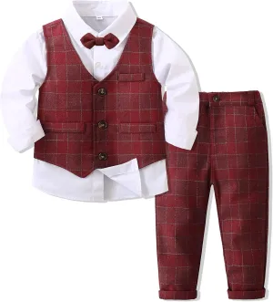 Boys 3Pcs Clothing Sets Long Sleeve Bowtie Shirts  Vest  Pants Casual Suit