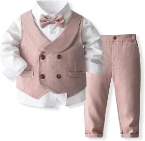 Boys 3Pcs Clothing Sets Long Sleeve Bowtie Shirts  Vest  Pants Casual Suit