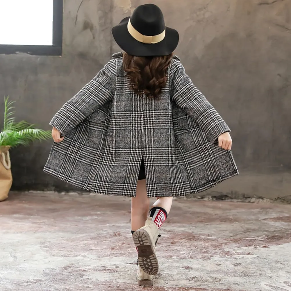 Boys Girls Winter Pea Coat Dress Coats Notched Lapel Collar Double Breasted Plaid Over Coats Long Jackets for Kids