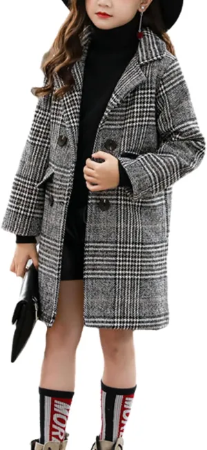 Boys Girls Winter Pea Coat Dress Coats Notched Lapel Collar Double Breasted Plaid Over Coats Long Jackets for Kids