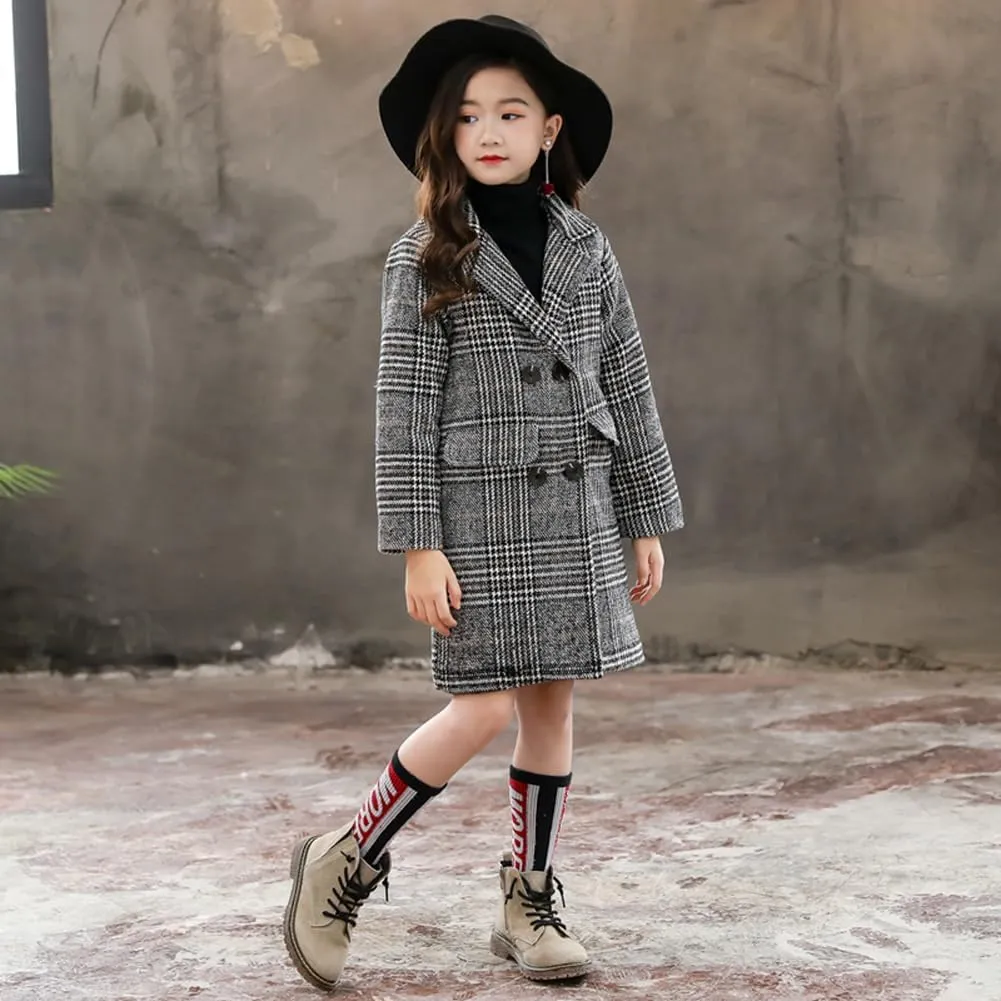 Boys Girls Winter Pea Coat Dress Coats Notched Lapel Collar Double Breasted Plaid Over Coats Long Jackets for Kids